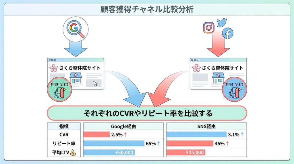 検索とSNSから初めて来たユーザーを比較するfirst_visitセグメントのイメージ