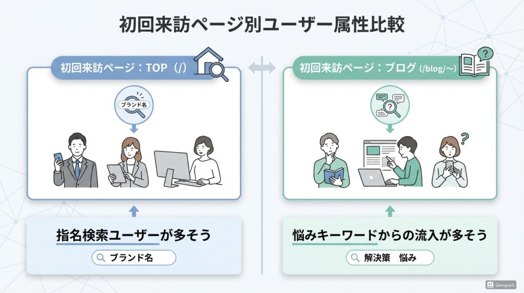 初回訪問がTOPページとブログページのユーザーを分けて比較するイメージ図