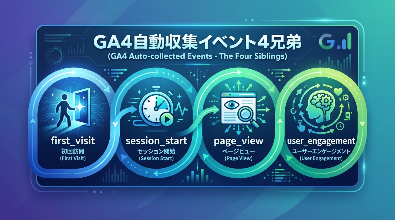 GA4自動収集イベント4つの概要（first_visit, session_start, page_view, user_engagement）