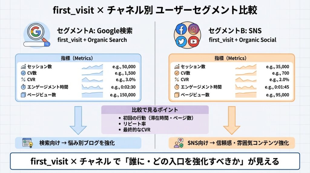 first_visitとチャネル別ユーザーセグメント比較の図