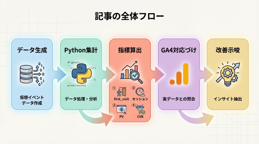 この記事の解説フロー。データ生成、Pythonによる集計、主要4指標の整理、GA4画面との対応付け、そして改善示唆への繋げ方という5つのステップを1枚にまとめた全体図