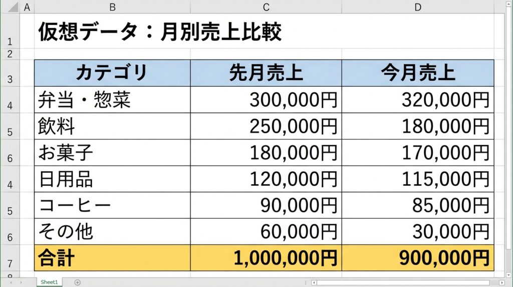 データ分析練習用の仮想データ表。カテゴリ（食品・雑貨・衣類・家電）ごとの「先月売上」と「今月売上」を並べ、最下部に合計行を設けた比較表のサンプル。
