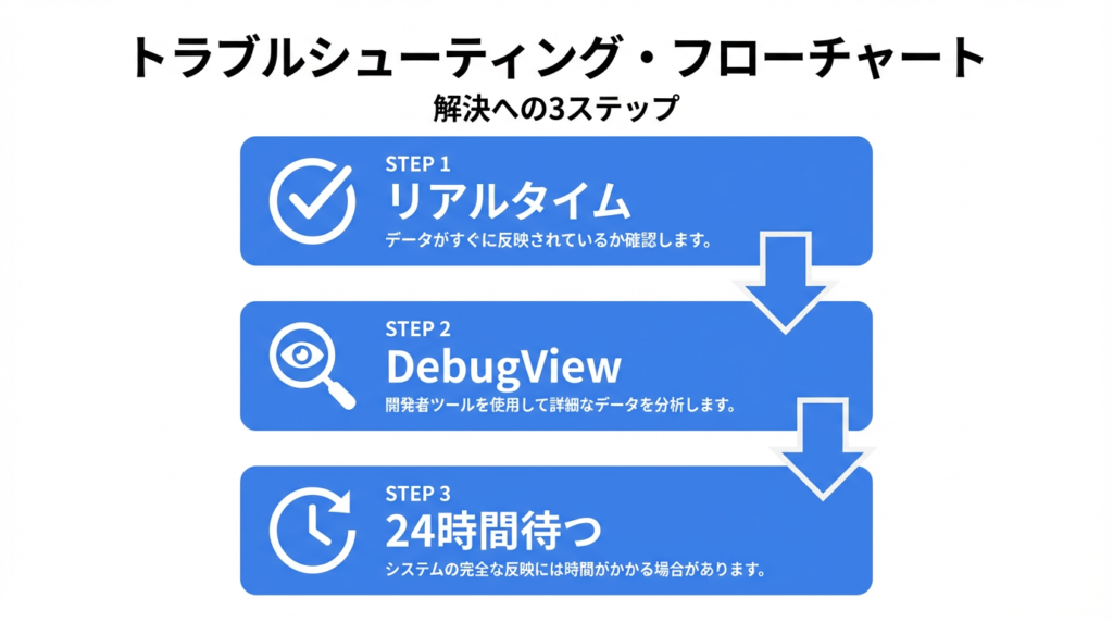 GA4でイベントが記録されない時の確認順序: リアルタイム→DebugView→24時間待つ