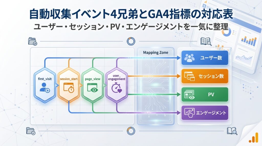 GA4の主要4指標（PV・セッション・ランディング・エンゲージメント）を完全整理。指標同士の繋がりと定義を解説するアイキャッチ画像