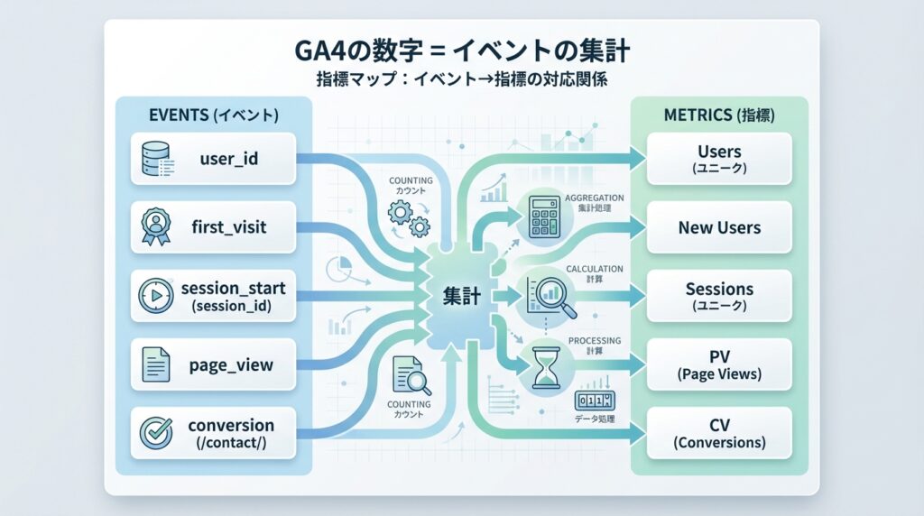 GA4の指標とイベントの対応図。Usersはuser_id、New Usersはfirst_visit、Sessionsはsession_id（session_start）、PVはpage_view、CVは特定ページのconversionイベントといった、集計の根拠を整理したマップ