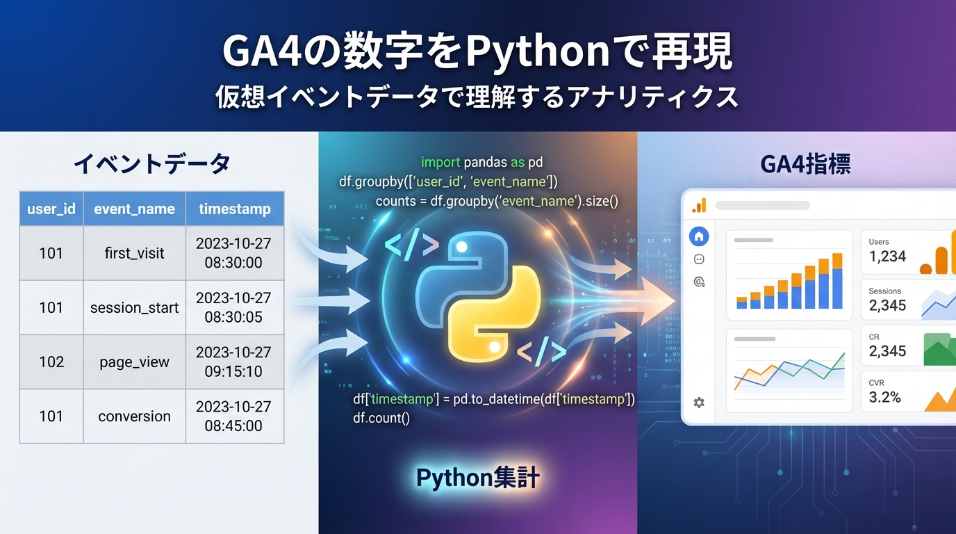 『GA4の数字をPythonで再現』というタイトル。左側にイベントログ、中央にPythonのコードアイコン、右側にGA4のダッシュボードを配置し、仮想データからGA4指標を算出するプロセスを表現したアイキャッチ画像