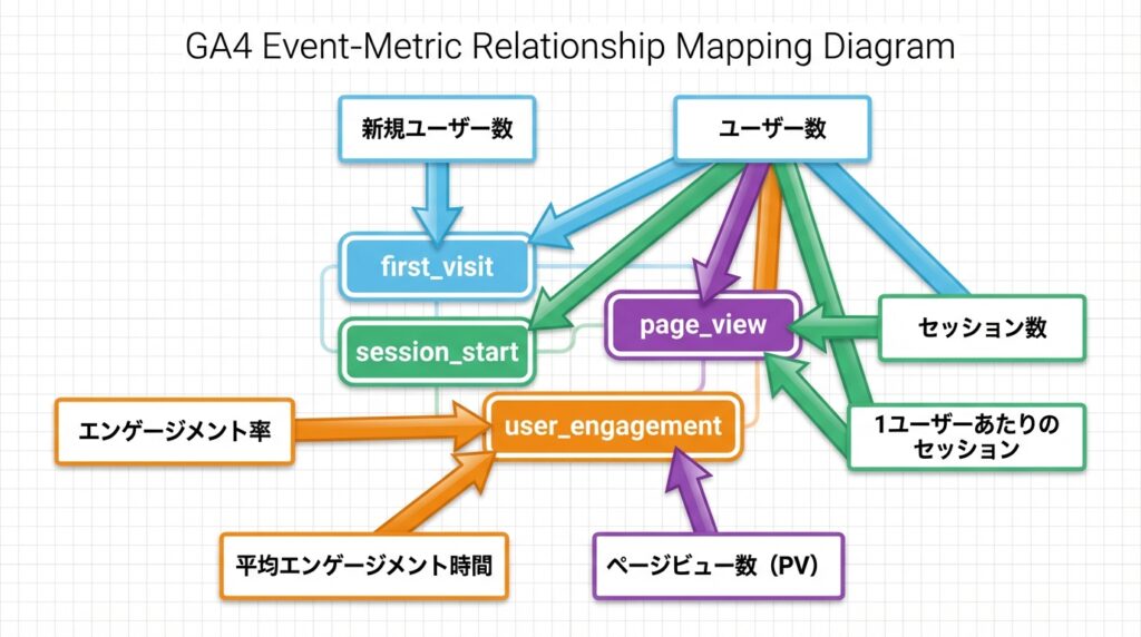 4つの主要イベントを中央に配置し、そこから算出されるPVやセッション、エンゲージメント率などの各指標がどのように繋がっているかを可視化した相関イメージ図