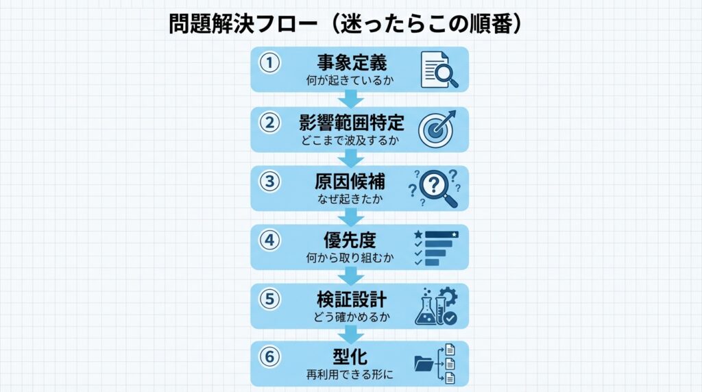 実務で迷わないための問題解決フローチャート。1.事象定義、2.影響範囲特定、3.原因候補の洗い出し、4.優先度決定、5.検証設計、6.型化（マニュアル化）という、成果に直結する6つの手順を可視化した図