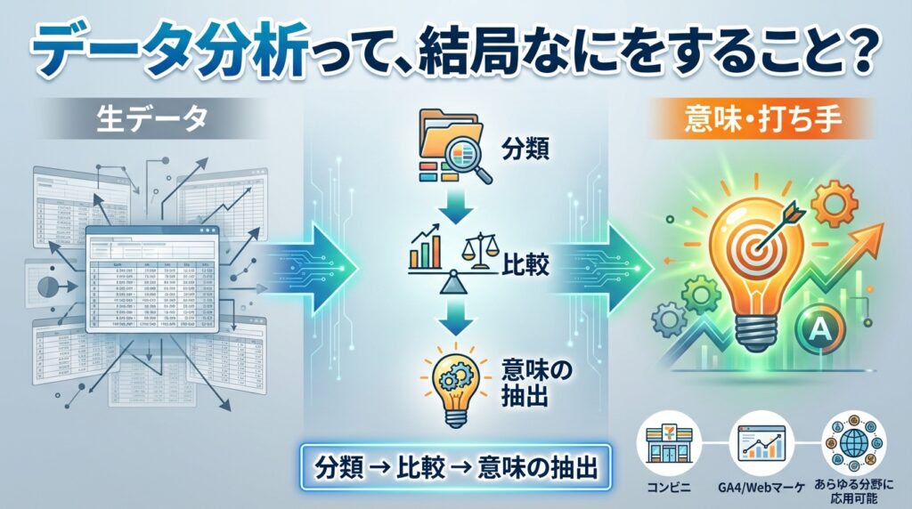 「データ分析の本質」を解説するアイキャッチ画像。散乱する数字（データ）が、レンズを通すことで「分類・比較・意味の抽出」という3ステップで整列し、進むべき道（矢印）に変わる様子をイメージ。