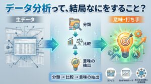 「データ分析の本質」を解説するアイキャッチ画像。散乱する数字（データ）が、レンズを通すことで「分類・比較・意味の抽出」という3ステップで整列し、進むべき道（矢印）に変わる様子をイメージ。