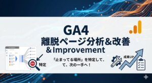 GA4離脱ページ分析＆改善のアイキャッチ画像。「止まってる場所」を特定して、次の手へ！というキャッチコピーと、経路探索レポート、成果向上のイメージイラスト。