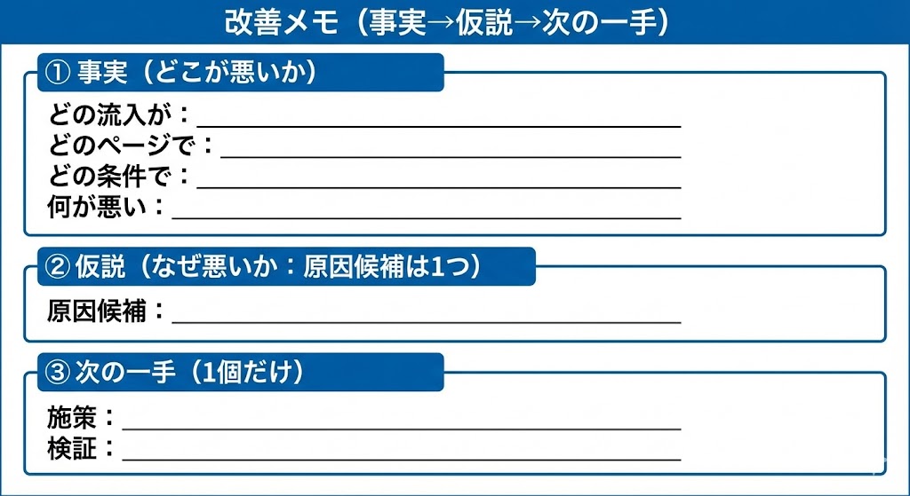 探索結果を事実→仮説→次の一手に落とす改善テンプレ