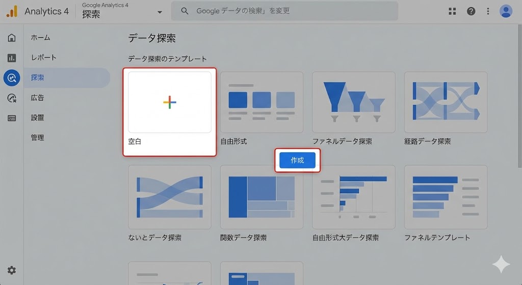 GA4探索の自由形式で空白から開始した画面