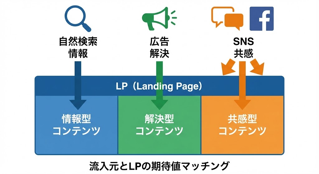 流入元（検索・広告・SNS）ごとのユーザー期待値とLPの整合性を示す概念図