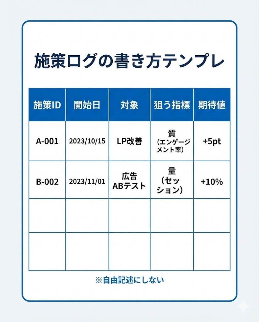 施策ログのテンプレ例（施策ID・開始日・対象・狙う指標・期待値）