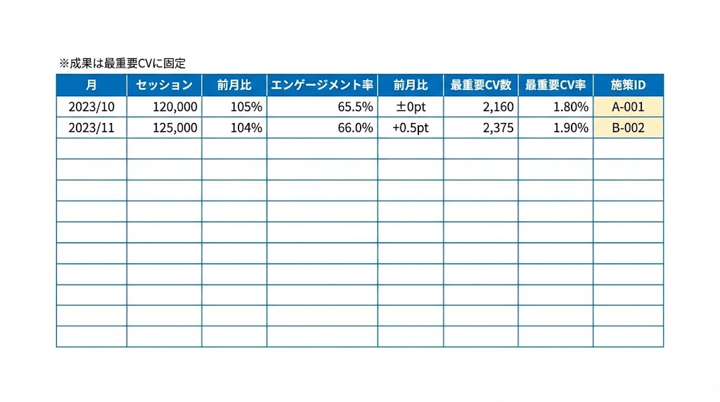 GA4月次レポートのスプレッドシート例（セッション・エンゲージメント率・最重要CV数・最重要CV率・施策