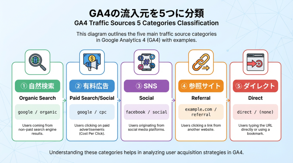 GA4の流入元を5つに分類した図解